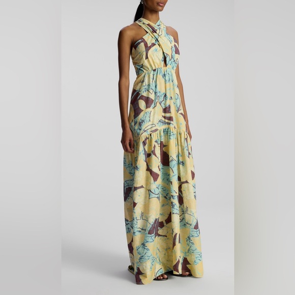 ALC Yellow Cream Ruffled Tie Halter Maxi Sundress